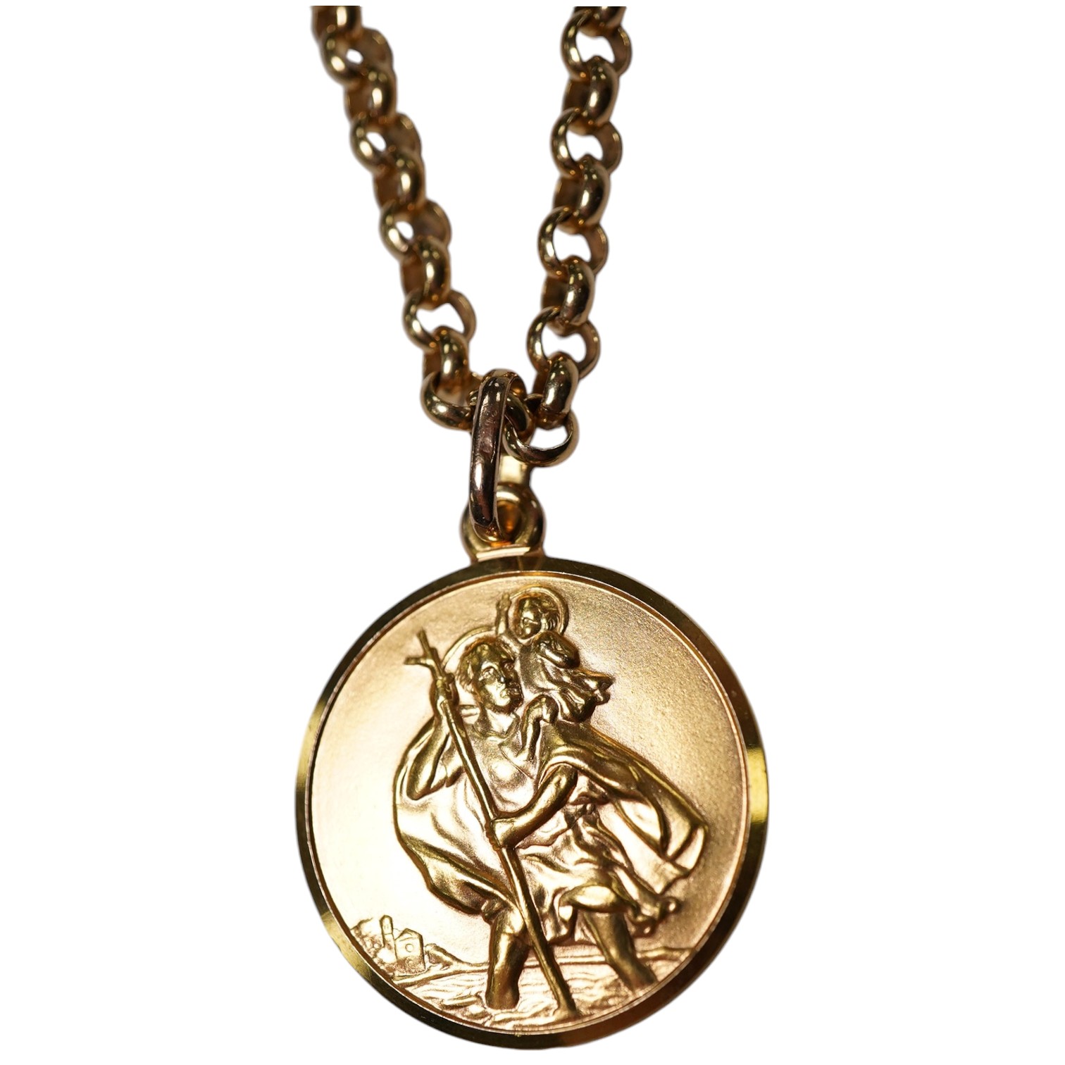 A modern Italian Uno-A-Erre 9k Saint Christopher pendant, on a 9ct gold chain (chain clasp a.f.), 23.5 grams. Condition - poor and good.